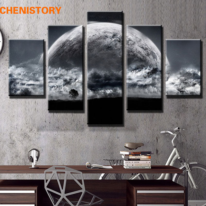 Unframed 5 Panel Grey Sky Space Universe Landscape Painting On Canvas Cuadros Modern Earth Wall Art Picture For Room Decoration