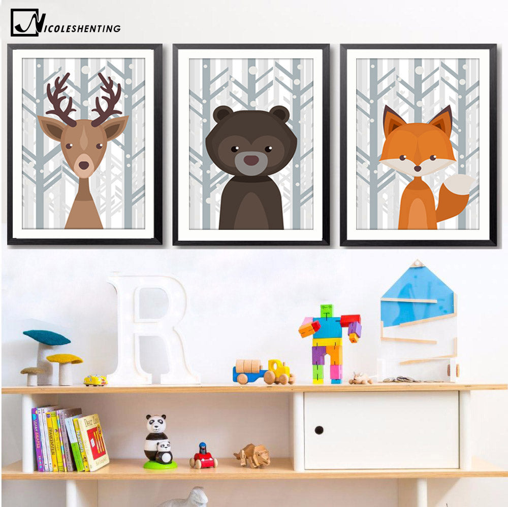 Nordic Art Deer Fox Bear Forest Cartoon Canvas Poster Minimalism Painting Animal Wall Picture Print Children Room Decoration 477