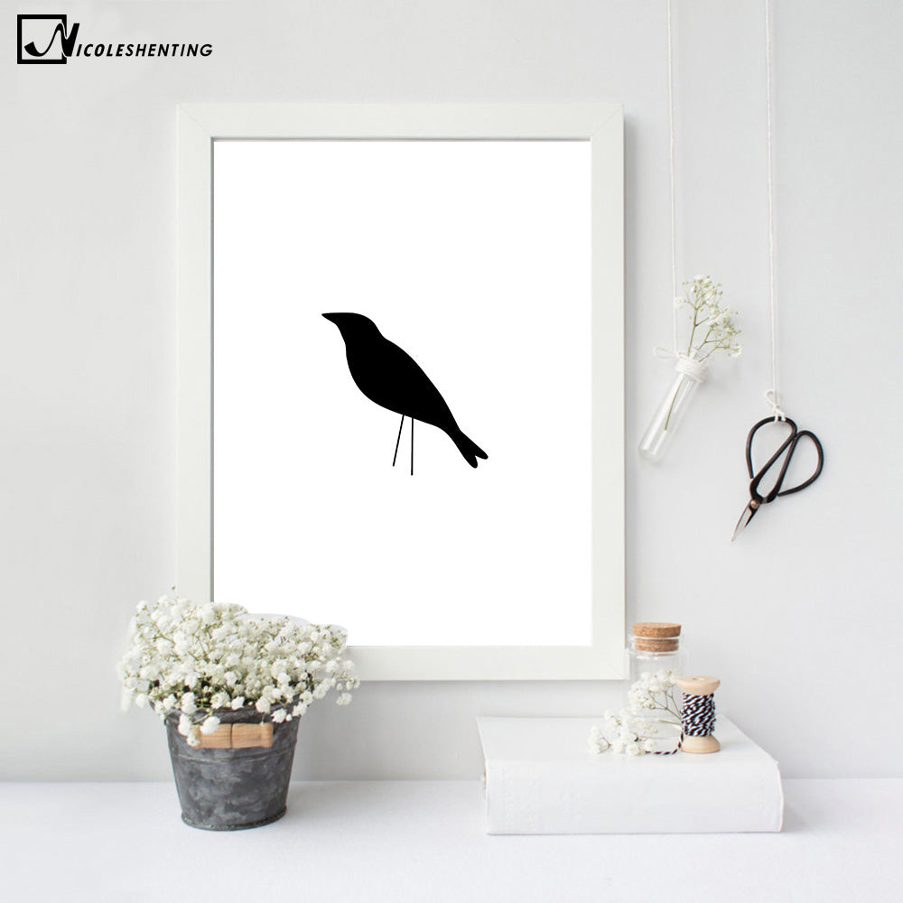 Watercolor Tropical Plant leaves Crow Art Canvas Poster Painting Black White Wall Picture Print Modern Home Room Decoration