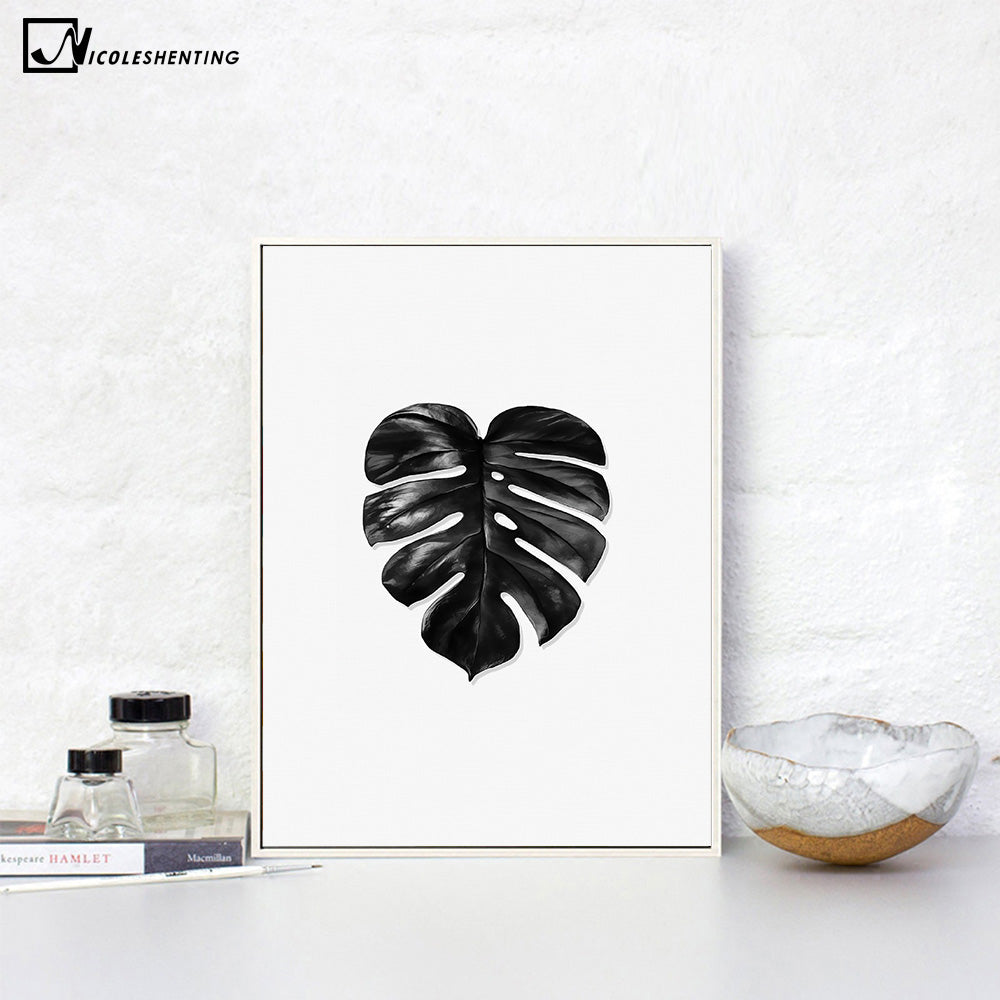Watercolor Tropical Plant leaves Crow Art Canvas Poster Painting Black White Wall Picture Print Modern Home Room Decoration