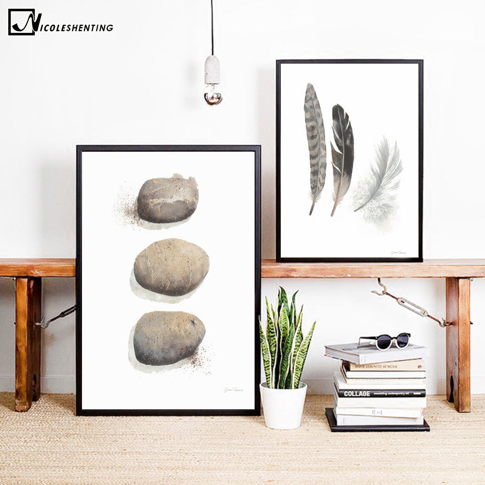 Birs Stone Feather Minimalist Nordic Art Canvas Poster Painting A4 Abstract Funny Wall Picture Print Modern Home Room Decoration