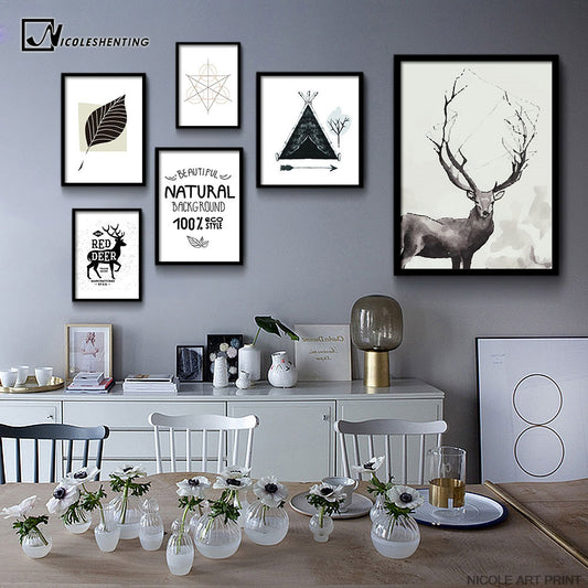 Nordic Art Leaves Deer Animal Canvas Poster Minimalist Painting Black White Abstract Picture Print Home Office Room Decoration