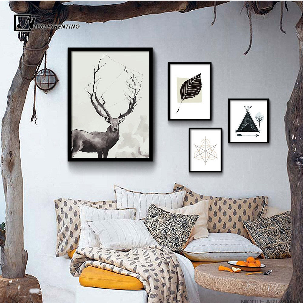 Nordic Art Leaves Deer Animal Canvas Poster Minimalist Painting Black White Abstract Picture Print Home Office Room Decoration