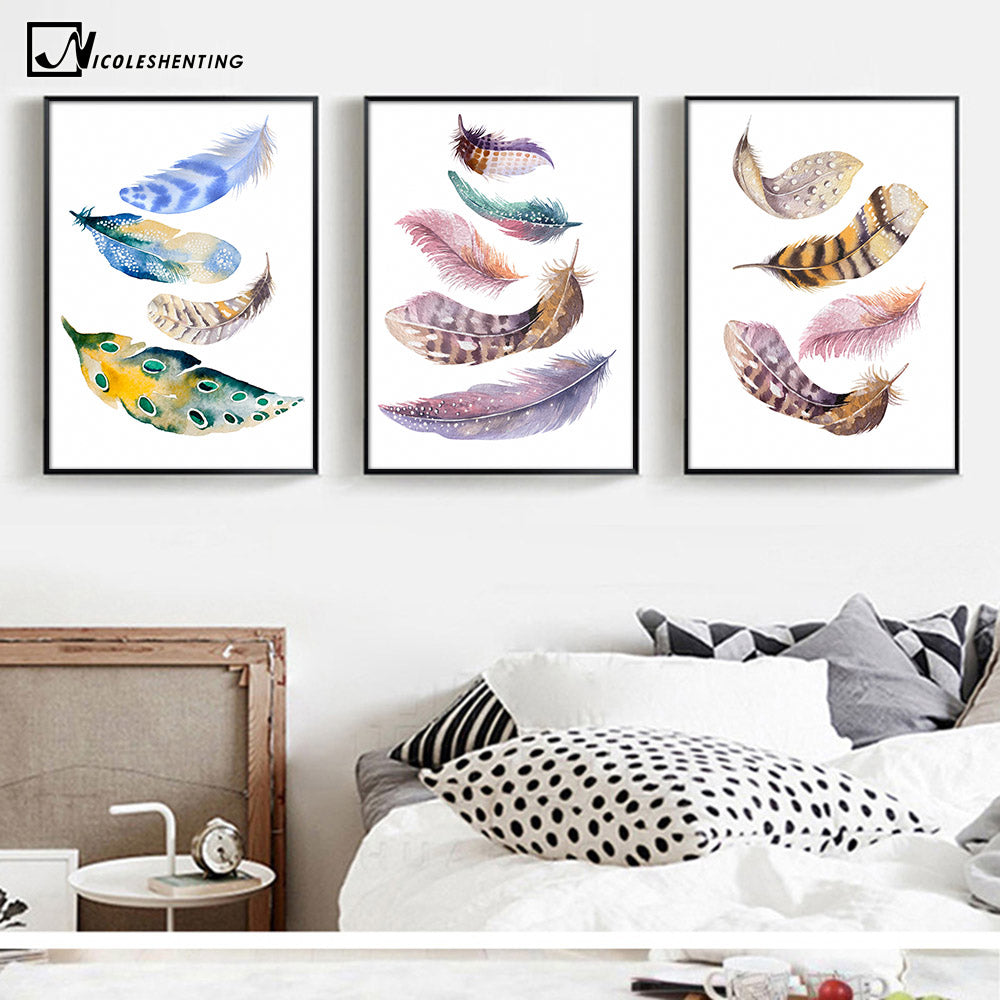 NICOLESHENTING Nordic Art Watercolor Feather Minimalist Canvas Poster Painting Wall Picture Modern Home Living Room Decoration