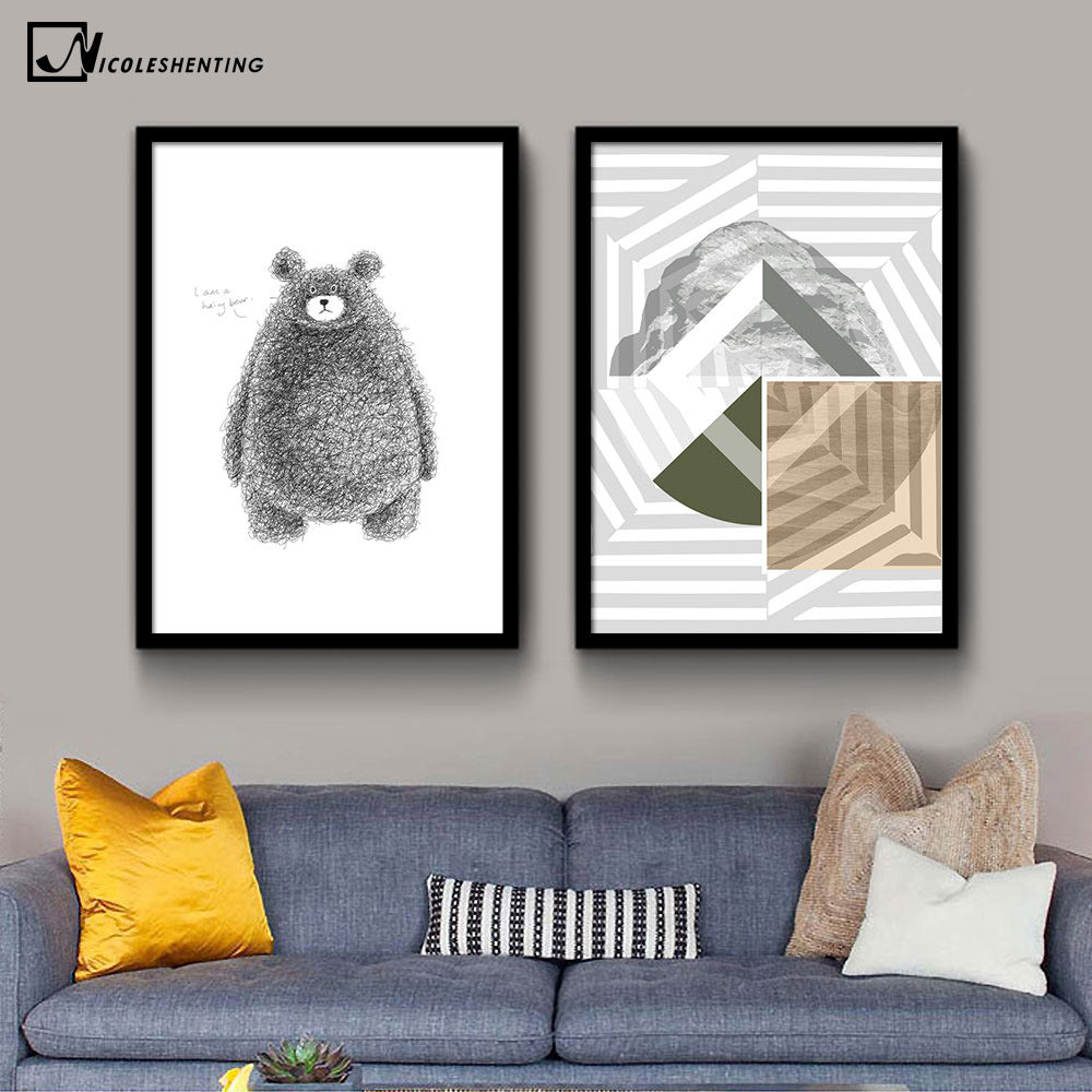 NICOLESHENTING Sketch Bear Animal Minimalist Art Canvas Poster Geometry Abstract Picture Modern Home Living Room Wall Decoration