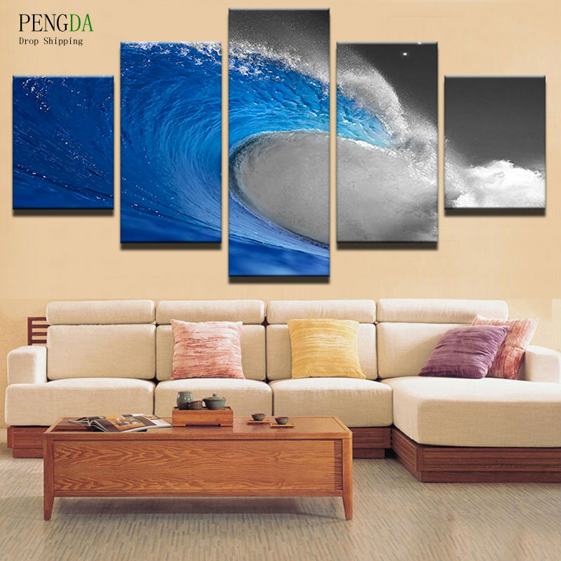 PENGDA Wall Art Canvas Painting Style Wall Pictures For Living Room 5 Panel Frame Rolling Wave Cuadros Moder Decoration Painting