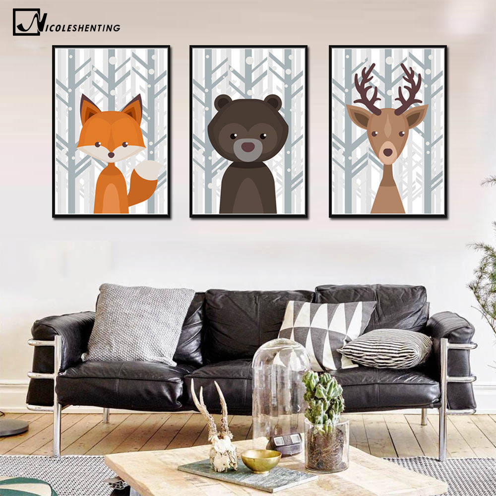 Nordic Art Deer Fox Bear Forest Cartoon Canvas Poster Minimalism Painting Animal Wall Picture Print Children Room Decoration 477