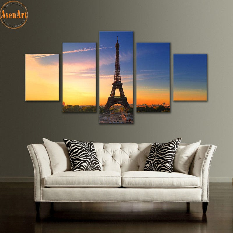 5 Pieces Picture Painting Paris City Landscape Pictures Eiffel Tower Decoration Wall Art Canvas Print Framed