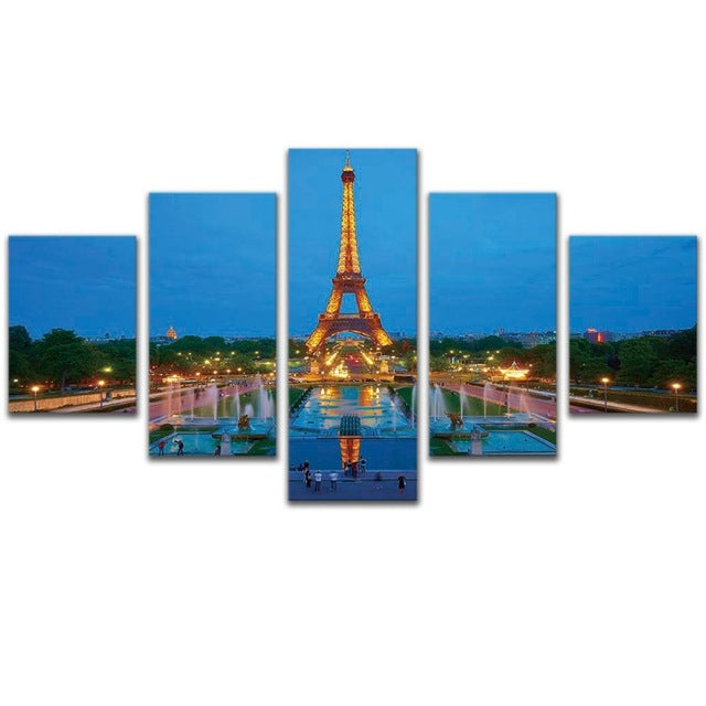 5 Pieces Picture Painting Paris City Landscape Pictures Eiffel Tower Decoration Wall Art Canvas Print Framed