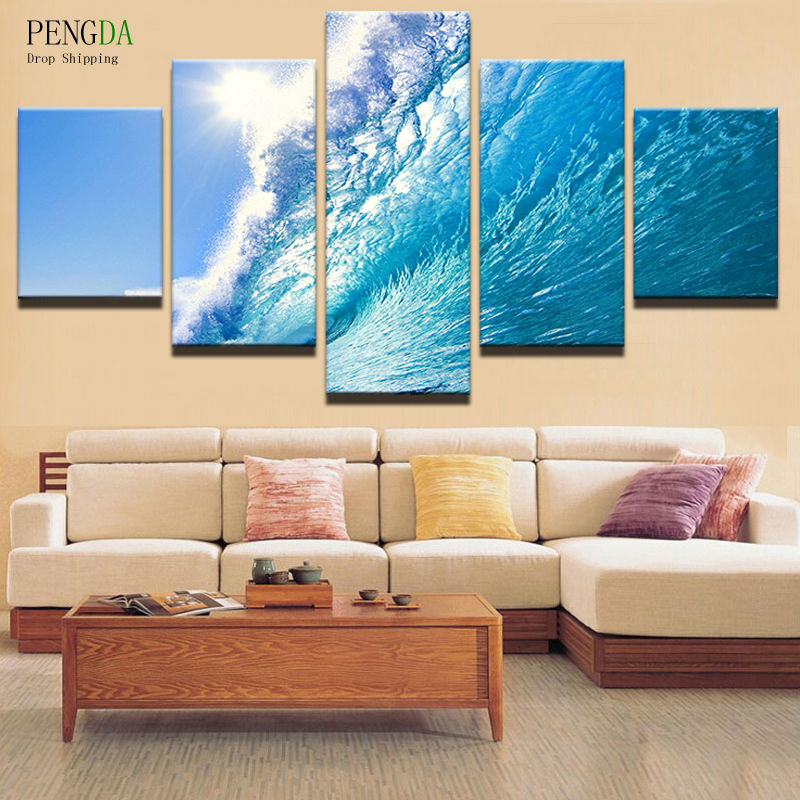PENGDA Oil Canvas Painting Picture Wall Art Home Decoration For Living Room Printing Type 5 Panel Rolling Waves Modern Frames