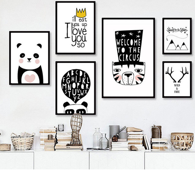 Modern Black White Nordic Kawaii Animal Quotes Art Print Poster Wall Picture Nursery Canvas Painting No Frame Baby Room Decorati