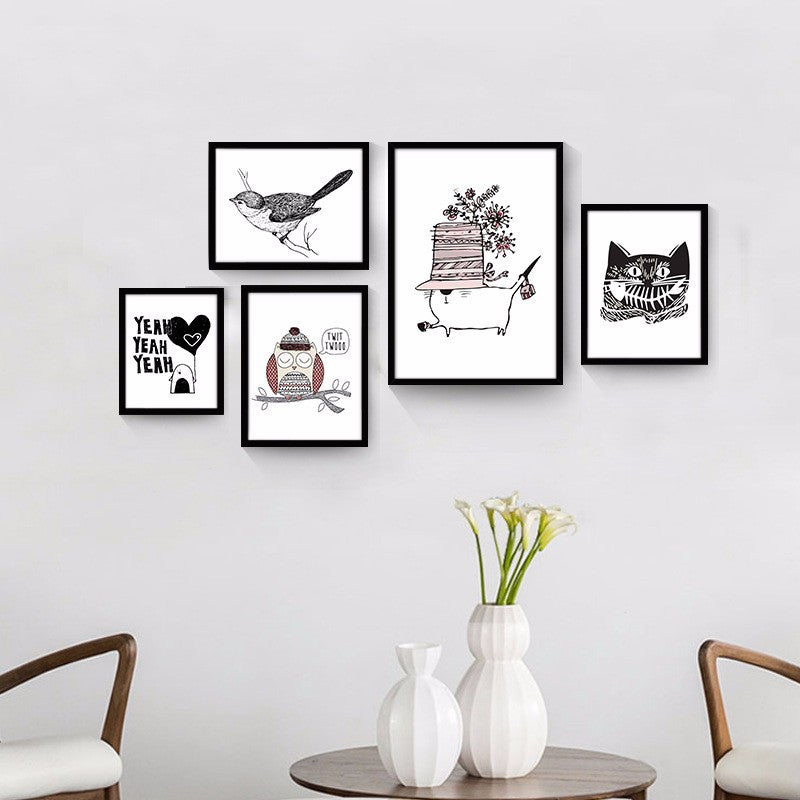 Nordic Animal Canvas Art Print Painting Poster of Cat and Owl Cartoon Canvas Painting For Kids Room