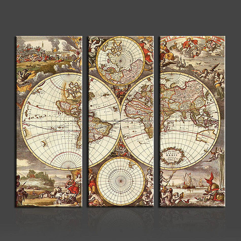 Unframed 3 Panel Vintage World Map Europe Painting Home Decor Wall Art Picture Canvas Printed Painting For Living Room Artwork