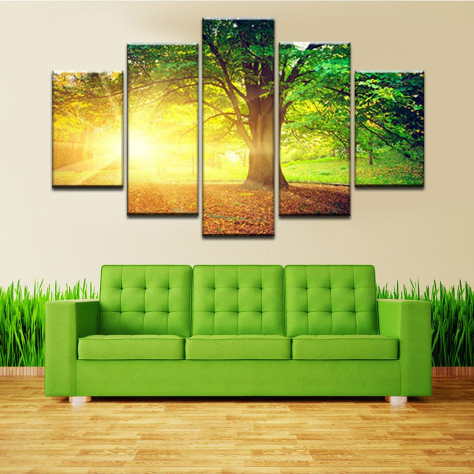 Unframed 5 Panel Sun Through The Tree Modern Print Painting On Canvas Green Landscape Cuadros Decoracion For Living Room Artwork