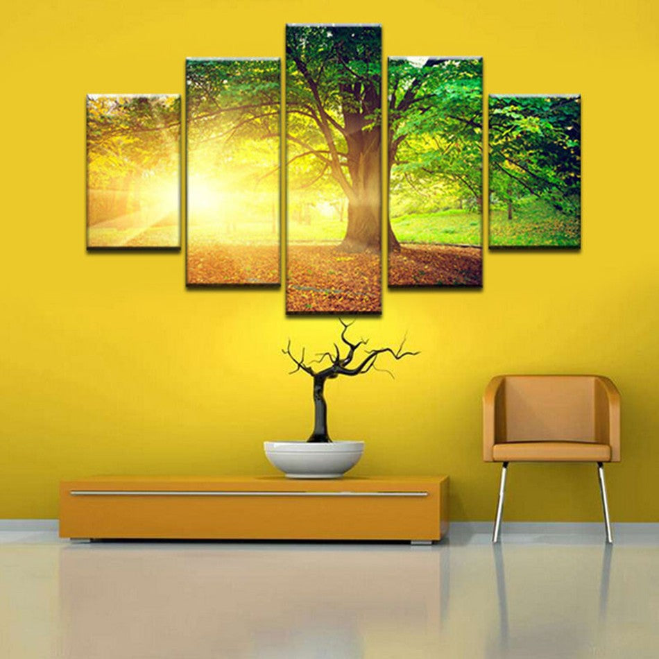 Unframed 5 Panel Sun Through The Tree Modern Print Painting On Canvas Green Landscape Cuadros Decoracion For Living Room Artwork