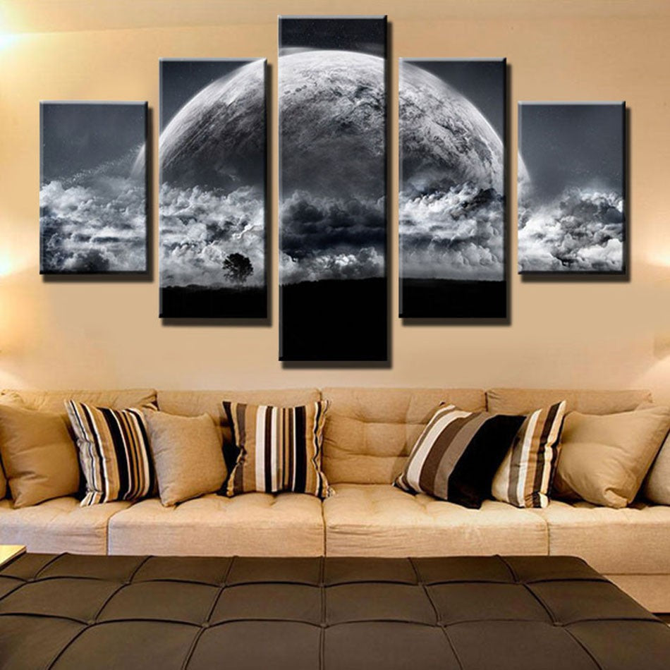 Unframed 5 Panel Grey Sky Space Universe Landscape Painting On Canvas Cuadros Modern Earth Wall Art Picture For Room Decoration