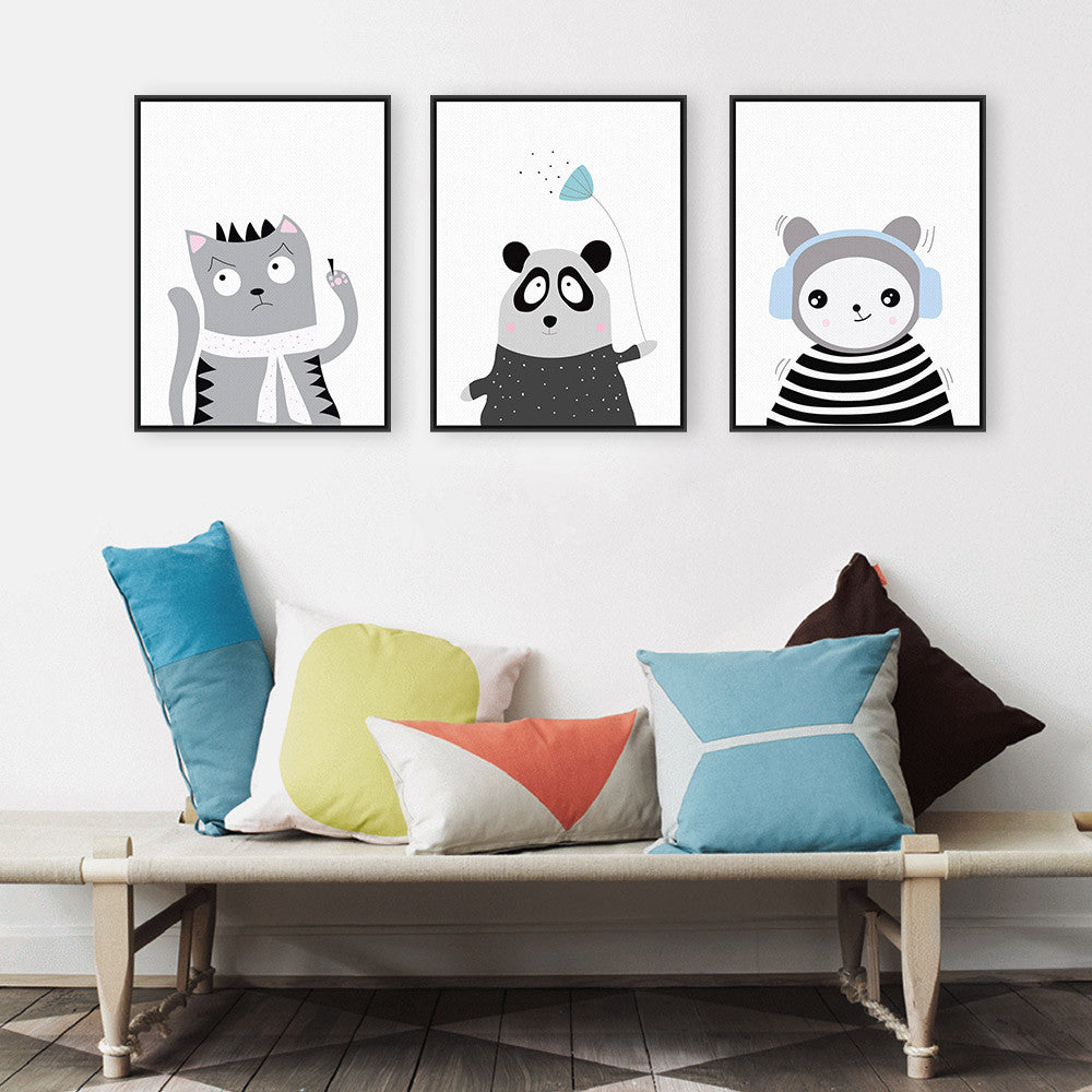 Triptych Modern Black White Kawaii Animals Panda Cat A4 Art Prints Poster Wall Picture Canvas Painting No Framed Kids Room Decor