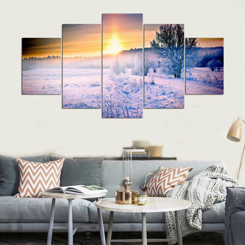 Canvas Oil Painting Cuadros Home Decoration Wall Art Pictures 5 Panel Snow Landscape Painting For Living Room Prints PENGDA