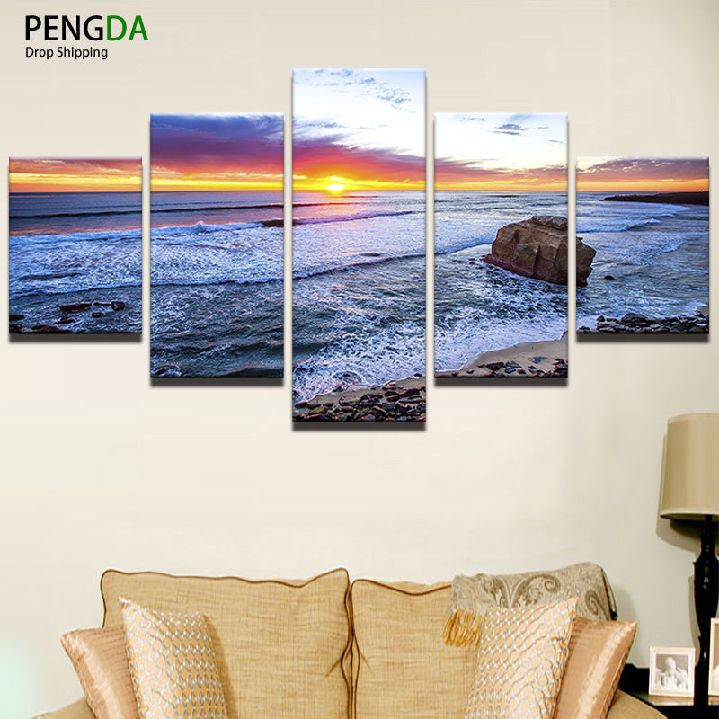 Oil Canvas Painting Picture Wall Art Poster Frame Home Decor 5 Panel Sunset Huge Waves Reef Beach Seascape Modern Printed PENGDA