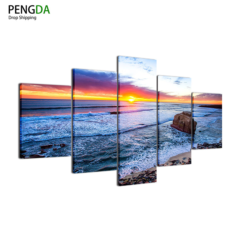 Oil Canvas Painting Picture Wall Art Poster Frame Home Decor 5 Panel Sunset Huge Waves Reef Beach Seascape Modern Printed PENGDA
