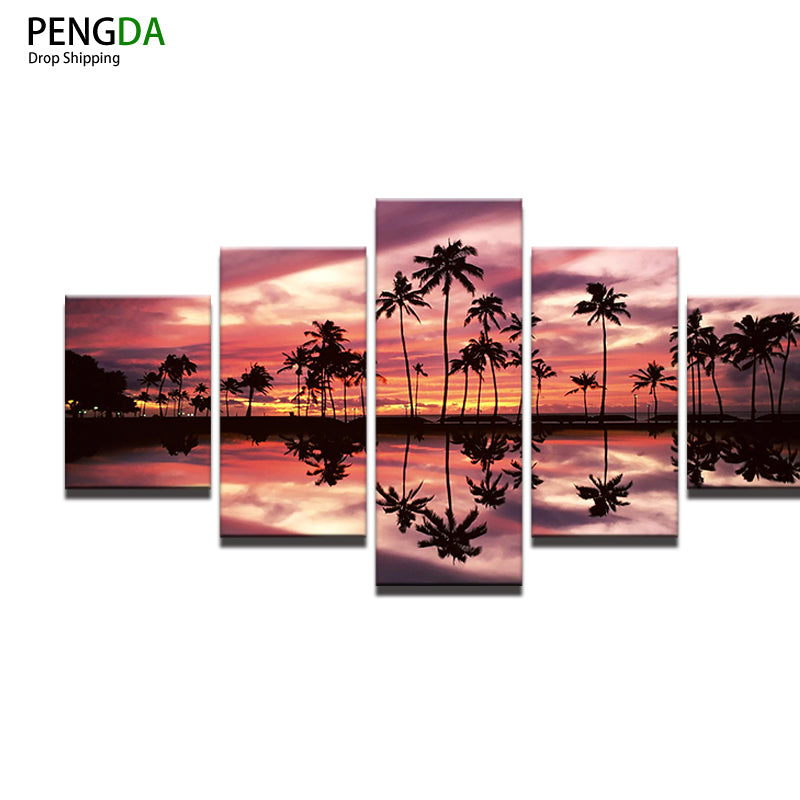 Modern Pictures Art HD Print Canvas Painting 5 Panel Sunset Glow Sea Coconut Trees Silhouette Landscape Home Decor Frame PENGDA