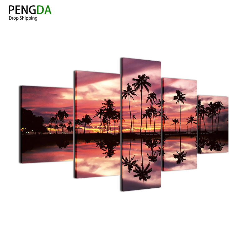 Modern Pictures Art HD Print Canvas Painting 5 Panel Sunset Glow Sea Coconut Trees Silhouette Landscape Home Decor Frame PENGDA