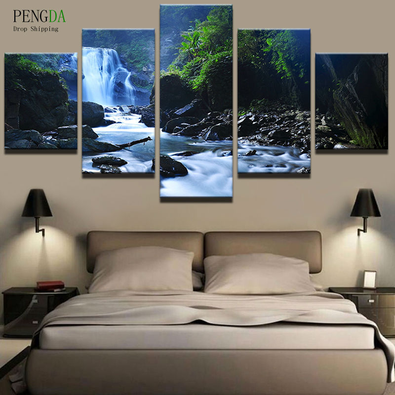 PENGDA Frame 5 Panel Waterfall Wall Canvas Art Print Painting Poster Wall Modular Picture For Home Decoration Painting Kids Room