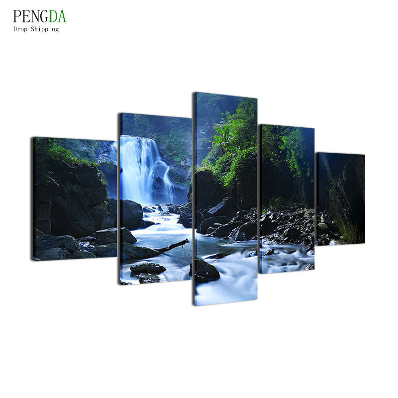PENGDA Frame 5 Panel Waterfall Wall Canvas Art Print Painting Poster Wall Modular Picture For Home Decoration Painting Kids Room