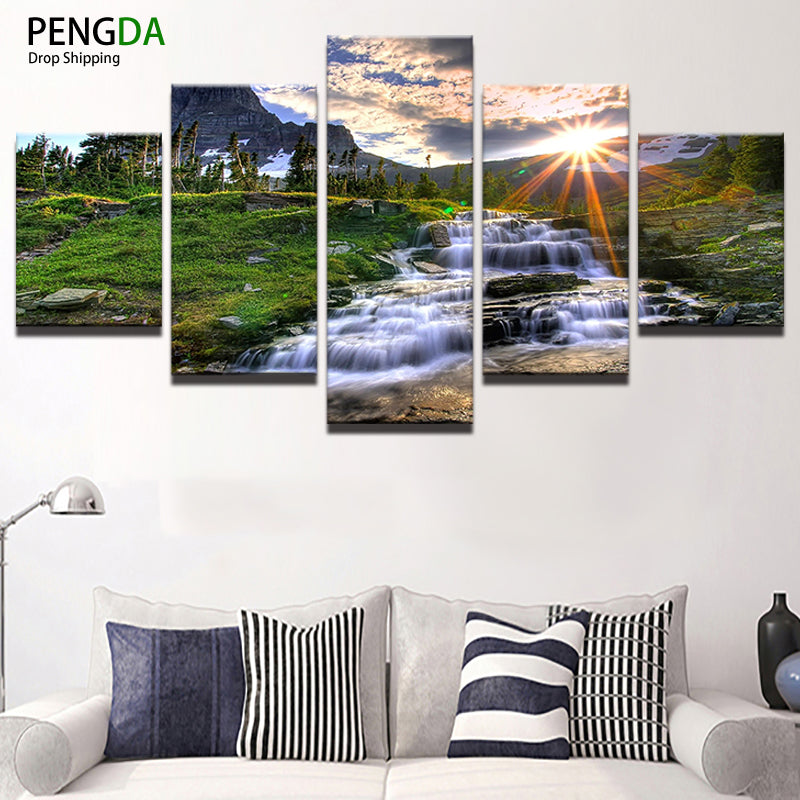 Home Decor Print Canvas Oil Painting Vintage Wall Art Canvas Painting 5 Panel PENGDA Waterfall Wall Picture For Living Room Deco