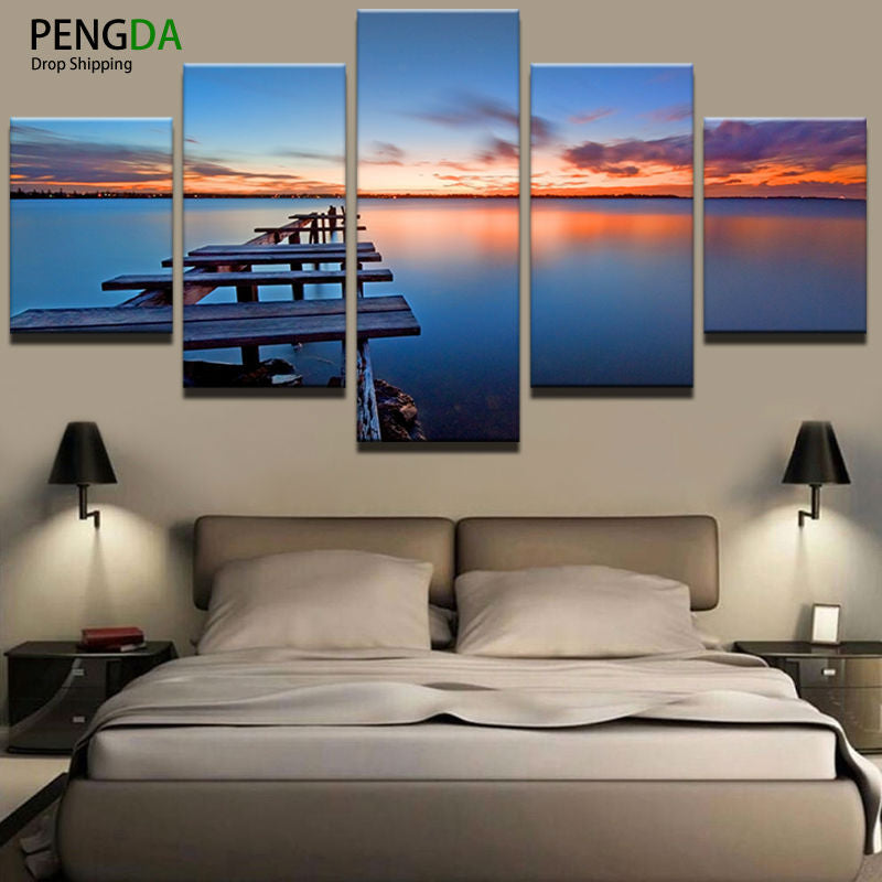 Wall Canvas Art Modern Printed Painting Poster Wall Modular Picture 5 Pieces Sunrise For Home Decoration Painting Kids Room