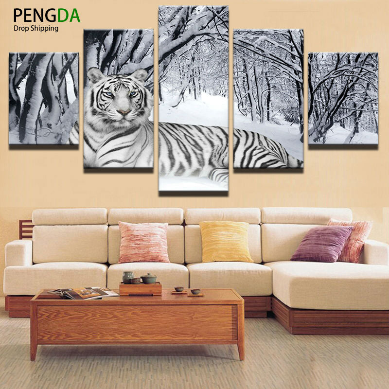 Home Decor Print Canvas Oil Painting Vintage Wall Art Canvas Painting Wall Modular Picture 5 Panel Animal Tiger For Living Room