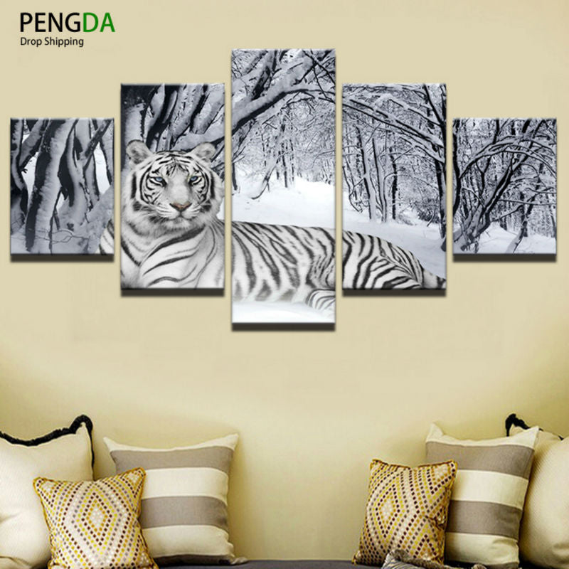 Home Decor Print Canvas Oil Painting Vintage Wall Art Canvas Painting Wall Modular Picture 5 Panel Animal Tiger For Living Room