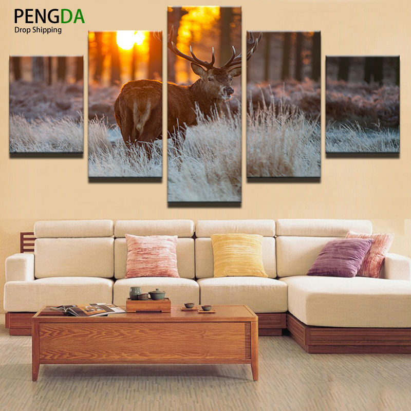 Modern Wall Art Canvas Prints Landscape Canvas Painting Modular Picture 5 Panel Animal Deer Frames Painting Decor Picture