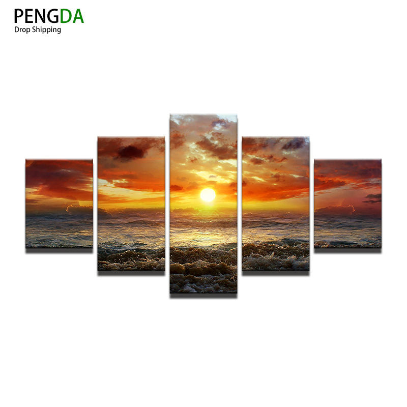 Wall Art Canvas Painting Poster Wall Frames Pictures For Living Room 5 Panel Sunrise On The Sea Home Decor Modular Pictures