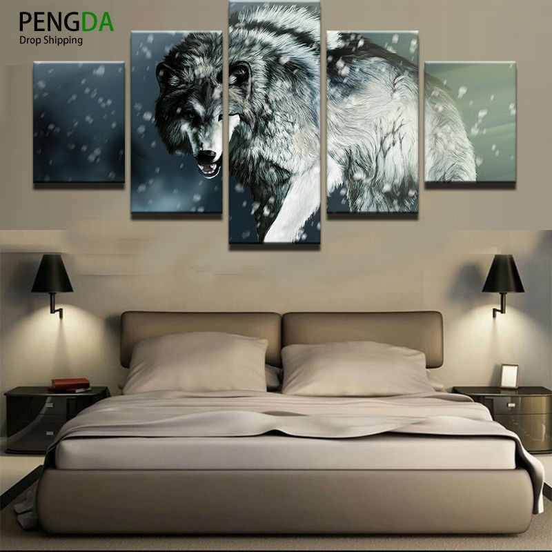 Printed Landscape Modular Picture Large Canvas Painting 5 Panel Animal Wolf For Bedroom Living Room Home Wall Art Decor