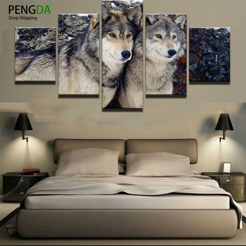 Decoration Modular Pictures Vintage Home Decor 5 Panel Animal Wolves Paintings On Canvas Posters And Prints Pictures On The Wall