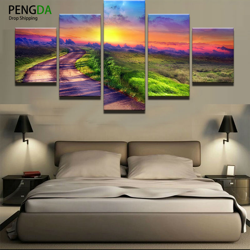 Printed Modular Picture Large Canvas Painting For Bedroom 5 Pieces Sunrise Landscape Living Room Home Wall Art Decoration