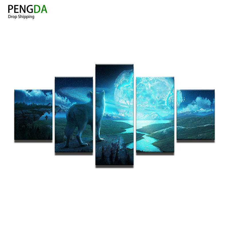 Canvas Oil Painting Cuadros Decoration 5 Pcs Animal Wolf Wall Modular Picture For Living Room Modern Framed For Paintings Style