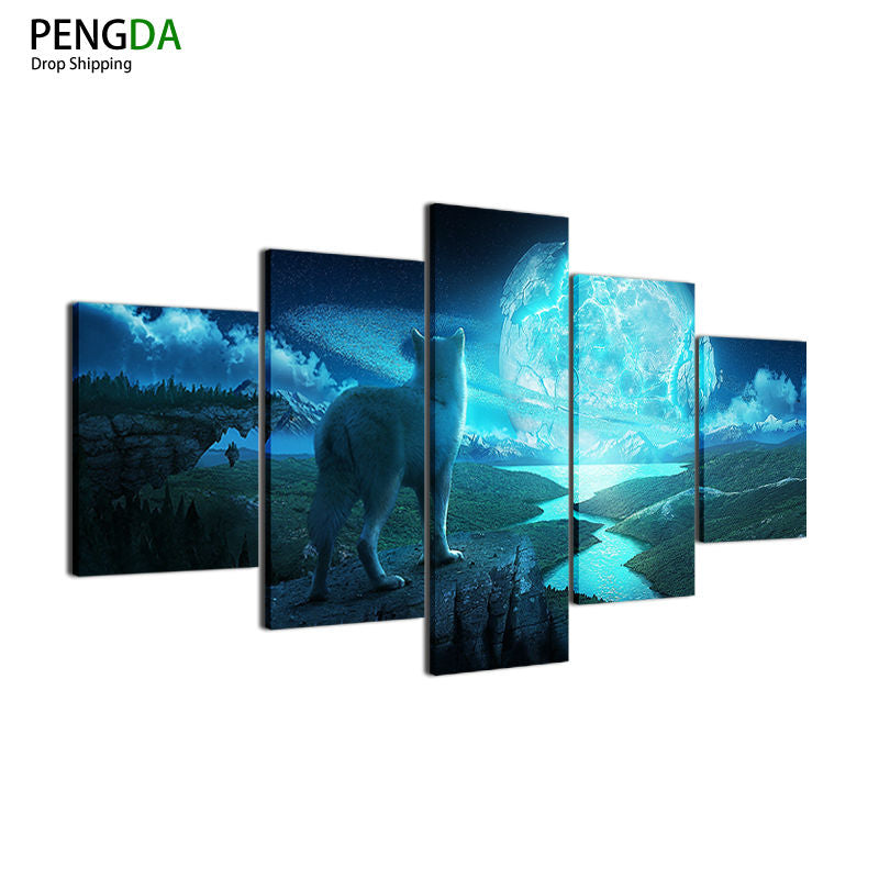 Canvas Oil Painting Cuadros Decoration 5 Pcs Animal Wolf Wall Modular Picture For Living Room Modern Framed For Paintings Style
