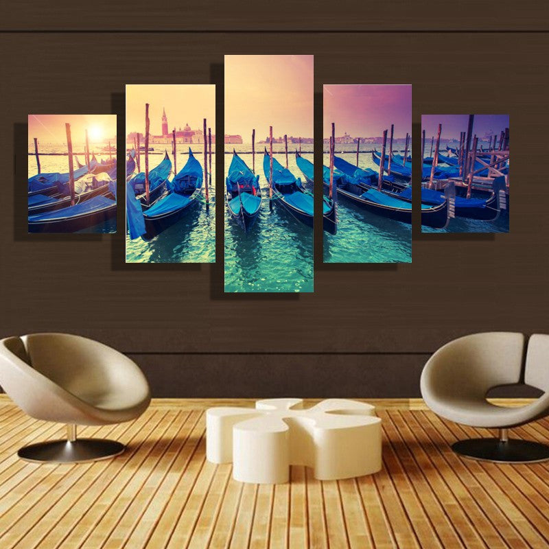 5 Pieces Sunset Blue Boats Seascape Modern Home Wall Decor Canvas Picture Art HD Print Painting On Canvas For Living Room Framed
