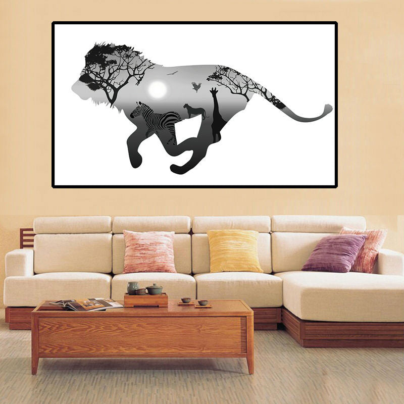 Silhouette Of Lion With Pine Forest Modern Black White Art Print Animals Poster Hippie Wall Picture Canvas Painting Home Decor