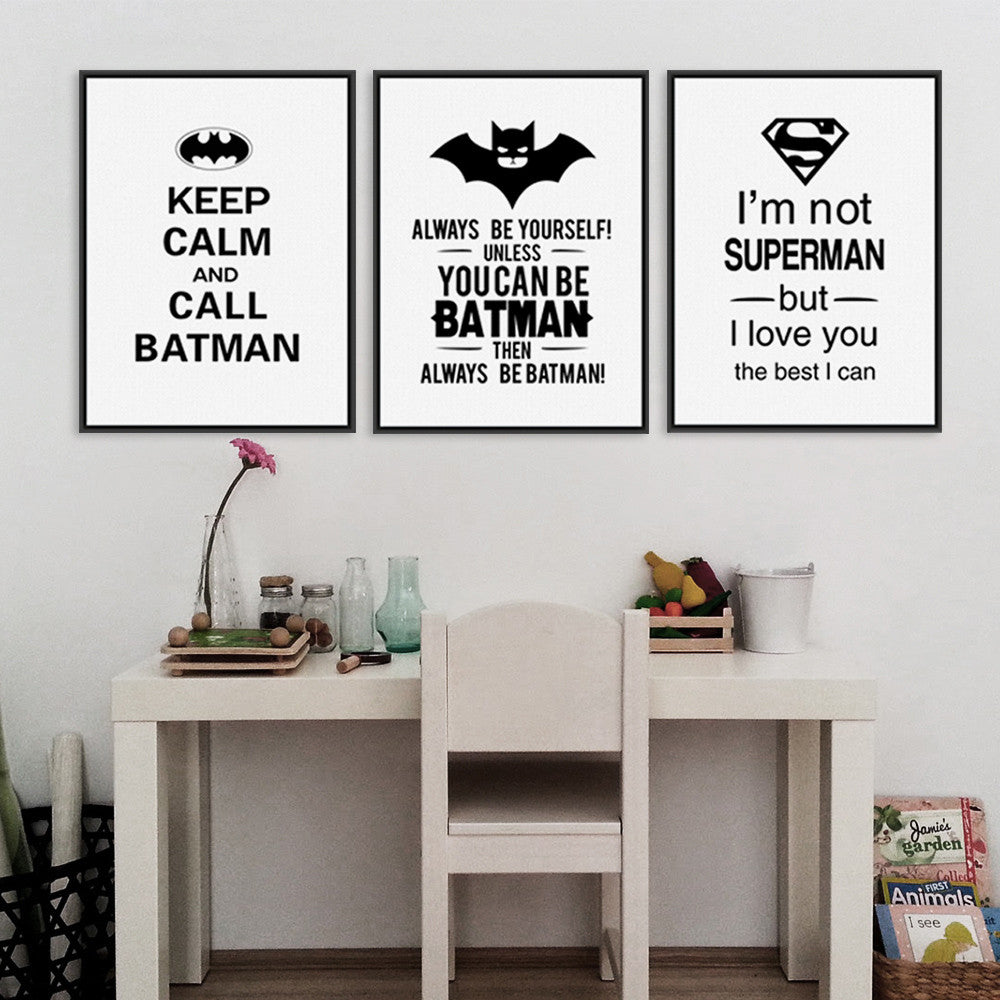Superhero Batman Art Prints Poster Black White Typography Quotes Wall Picture Kids Room Baby Boy Decor Canvas Painting No Frame