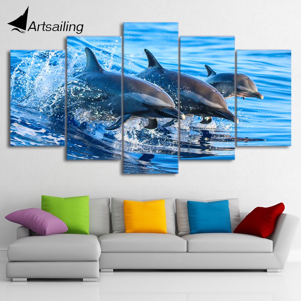 5 Piece Jumping Dolphin in Blue Ocean Posters