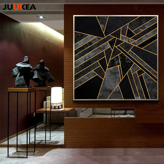 Cuadro Decoration King Size Abstract Geometric Black Golden Canvas Print Painting Poster, Wall Pictures For Hotel Restaurant