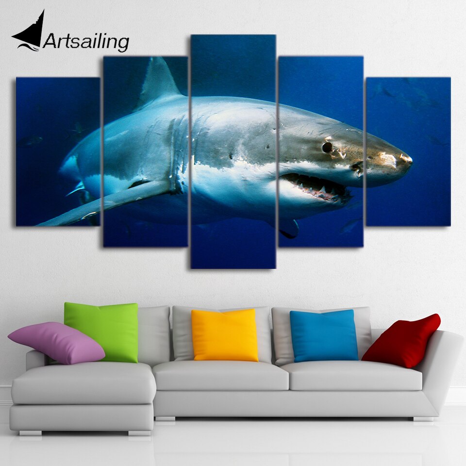 5 Piece Canvas Blue Ocean White Shark Painting