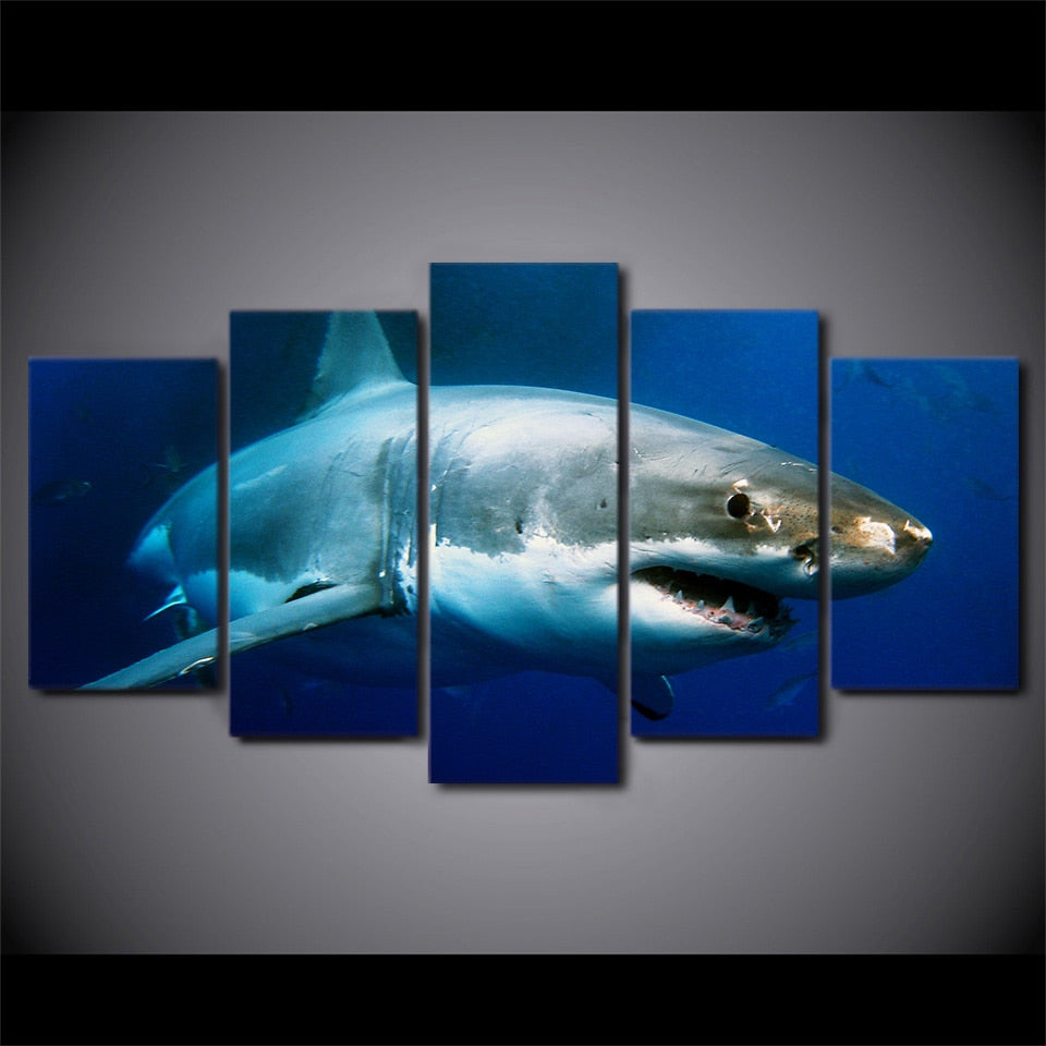 5 Piece Canvas Blue Ocean White Shark Painting