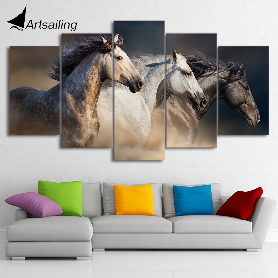5 Piece Canvas Art Running Horse Painting Poster