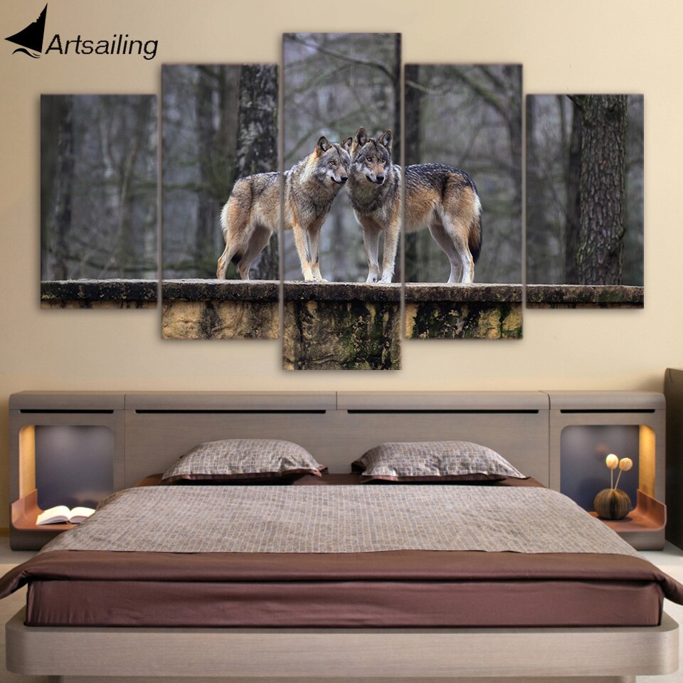 5 Pieces Canvas Art Forest Wolf  Painting