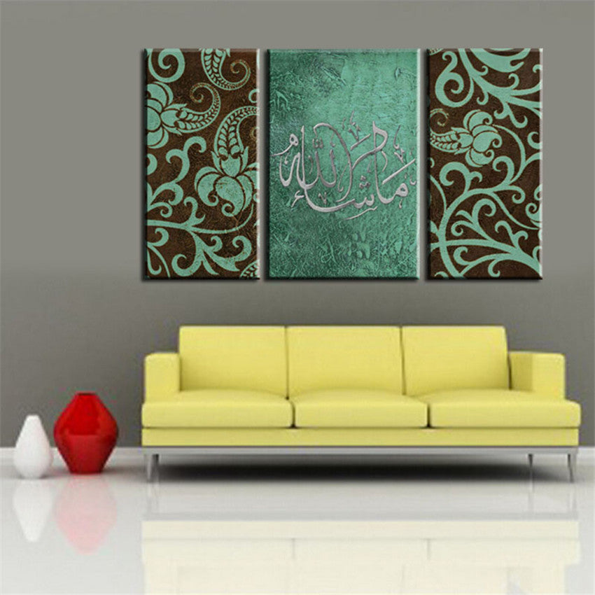 Modern 3pc Islamic Canvas Art 100% Handmade Oil Painting Mashallah Teal Silver Brown Arabic Art Wall Pictures For Living Room