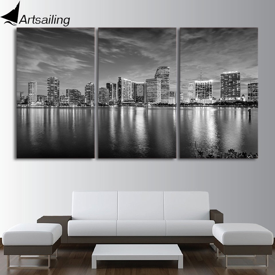 3 Piece HD Printed Canvas Painting Miami landscape Black and White Posters and Prints Wall Pictures For Living Room CU-2715D